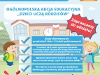 baner z tytułem akcji: Dzieci uczą rodziców, w tle szkoła i dzieci