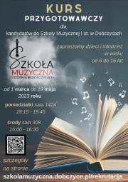 Plakat informujący o kursie przygotowawczym dla kandydatów do Szkoły Muzycznej I Stopnia w Dobczycach 
