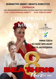 plakat informujący o spotkaniu Porozmawiajmy o tym czego pragną kobiety, na pomarańczowym tle dwie kobiety jedna klasycznie ubrana w białą marynarkę i czarne spodnie druga zaś w czernej sukience na głowie ma opaskę z czerwonymi kwiatami w dłoni trzyma mikrofon 