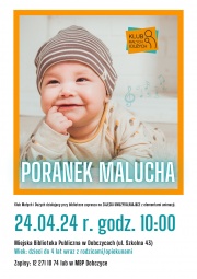 plakat informującyc o zajęciach poranek malucha w tle niemowlak leżącyc na brzuszku trzyma paluszek w buzi i się uśmiecha