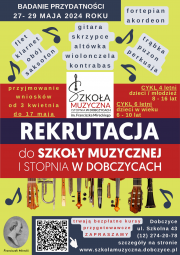 Plakat informujący o rekrutacji do szkoły muzycznej, w kolorystyce czerwono żółtej  na którym widać wiele instrumentów muzycznych i nutki 