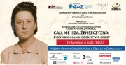 plakat informujący o wystawie Call me Isza. Żeńszczyzna: żydowsko-polskie dziedzictwo kobiet, z lewej strony zdjęcie kobiety po prawej informacje o wystawie