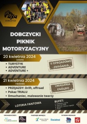 plakat informujący o dobczyckim pikniku motoryzacyjnym w tle widać zdjęcia samochodów terenowych  