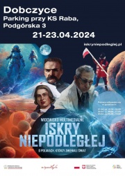 Plakat informujący o multimedialnym widowisku Iskry Niepodległej na ciemnym tle widać bohaterów tworzących naszą codzienność w ramach: techniki, medycyny, nauki, pracy społecznej, kultury, eksploracji świata i kosmosu, sportu
