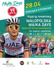 plakat promujący wydarzenie Majka Days z lewej strony zdjęcie Rafała Majki w tle kolarze a po prawej informacje o wydarzeniu