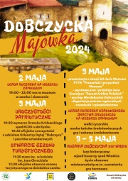 plakat informujący o obchodach Święta Nardowego 3 maja i programie otwarcia sezonu turystycznego na wzgórzu zamkowym 