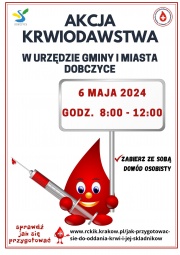 plakat informujący o akcji krwiodawstwa w urzędzie gminy, maskotka kropelka krwi trzyma strzykawkę oraz tabliczkę z datą akcji