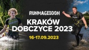 Czarny plakat z dwójką uczestników Ranmagedon Kraków- Dobczyce 2023'' 