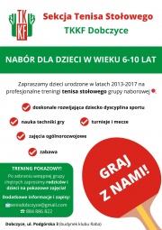 biało-zielony plakat z czerwoną paletką do tenisa stołowego