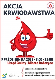 biały plakat z czerwoną grafiką w postaci czerwonej kropli krwi