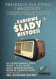 niebieski plakat z brązowym starym radiem