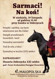 jasny plakat z czarnym koniem i rycerzem na nim siedzącym 