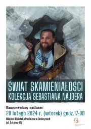 błękitny plakat z mężczyzną w brązowej kurtce 