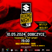 plakat w czerwono czarnych barwach informujący o Suzuki Boxing Night w Dobczycach