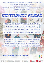 Plakat informujący o warsztatych, które odbędą się w środę 28.05.2025r od godziny 16:00 w Fili MBP w Stadnikach.