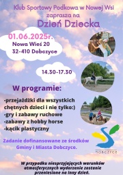 Plakat z opisem wydarzenia z okazji Dnia Dziecka, na którym znajdują się zdjęcia dzieci oraz koni
