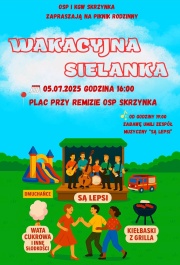 Plakat, na którym znajduje się grafika tańczących ludzi, grającej kapeli, dmuchaniec, wata cukrowa.