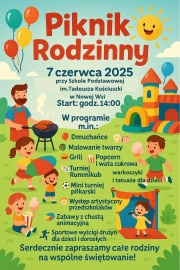Plakat promujący Piknik, na którym znajdują się bawiące się dzieci, grill, dmuchańce