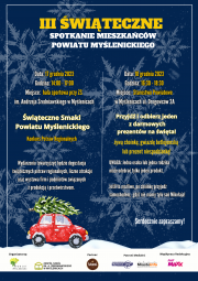 granatowy plakat z czerwonym samochodem z choinką na dachu 