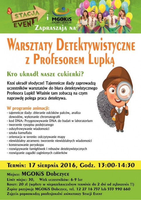 Plakat Warsztaty detektywistyczne z profesorem Lupką 