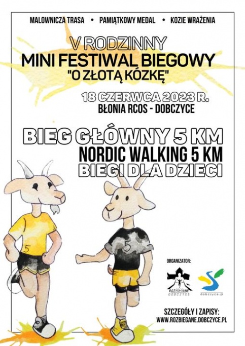 Informacja o 5 festiwalu biegowym.Żółta grafika dwóch kózek. Bieg główny 5km -bieg dla dzieci.