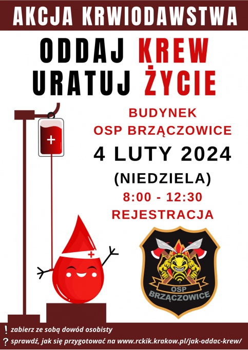 plakat informujący o akcji krwiodawstwa w OSP Brzączowice