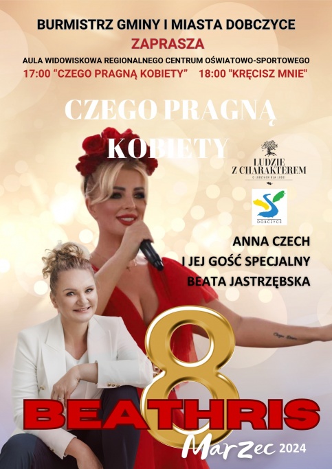 plakat informujący o spotkaniu Porozmawiajmy o tym czego pragną kobiety, na pomarańczowym tle dwie kobiety jedna klasycznie ubrana w białą marynarkę i czarne spodnie druga zaś w czernej sukience na głowie ma opaskę z czerwonymi kwiatami w dłoni trzyma mikrofon 