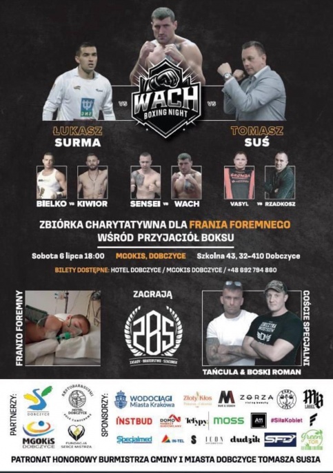 plakat promujący Galę zawiera zdjęcia osób które zmierzą się na ringu oraz zdjęcie frania Foremnego na rzecz którego prowadzona będzie zbiórka pieniężna