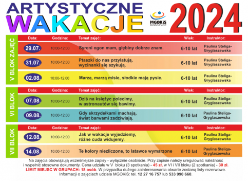 plakat przedstawiający harmonogram zajęć plastycznych