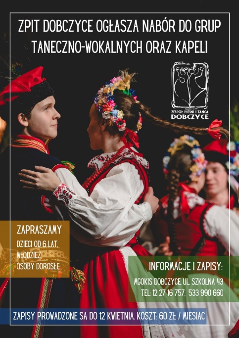 plakat informujący o naborze do Zespołu Pieśni i Tańca Dobczyce. W tle widać dwie tańczące pary w regionalnych strojach
