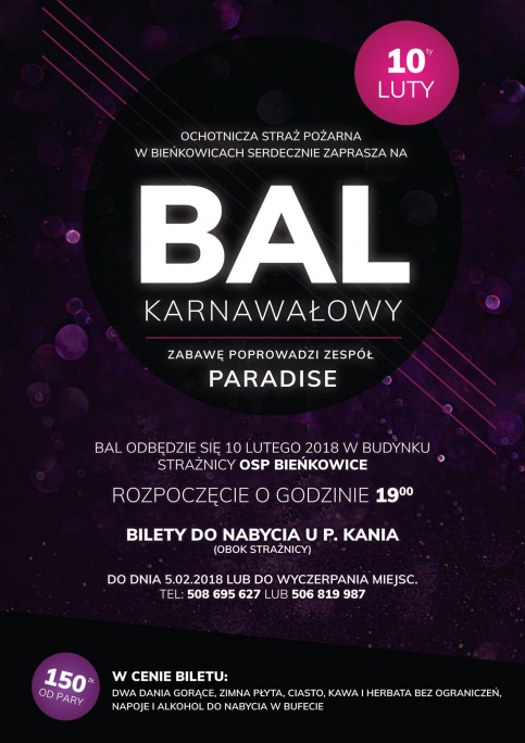 bal karnawałowy w Bieńkowicach - plakat promujący 