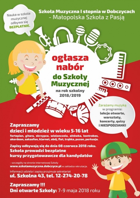 plakat - nabór do szkoły muzycznej w Dobczycach