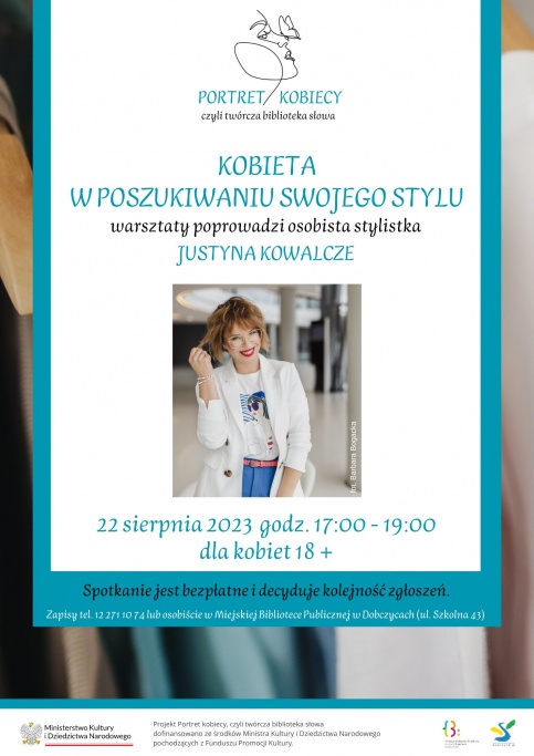 Niebiesko biały plakat ze zdjęciem kobiety na środku plakatu