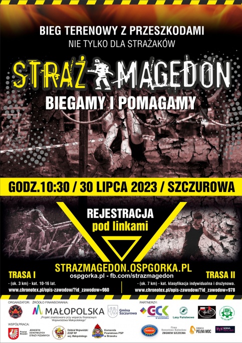 Plakat z grafiką toru przeszkód- żółty kolor napisów na plakacie 