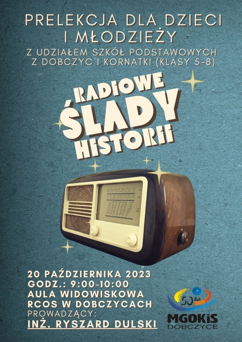 niebieski plakat z brązowym starym radiem