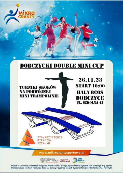 niebieski plakat z trampoliną do gimnastyki sportowej 