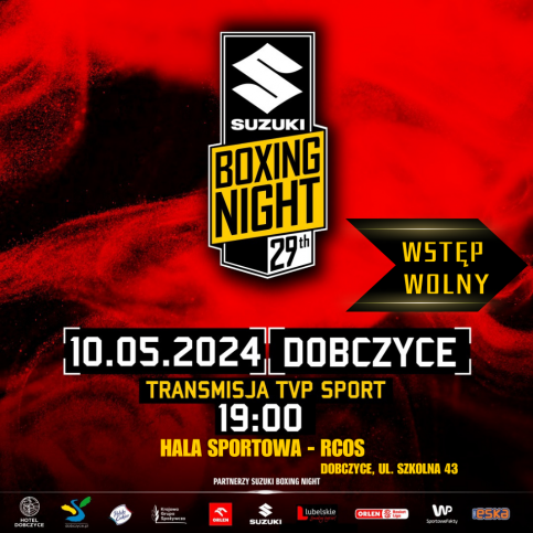 plakat w czerwono czarnych barwach informujący o Suzuki Boxing Night w Dobczycach