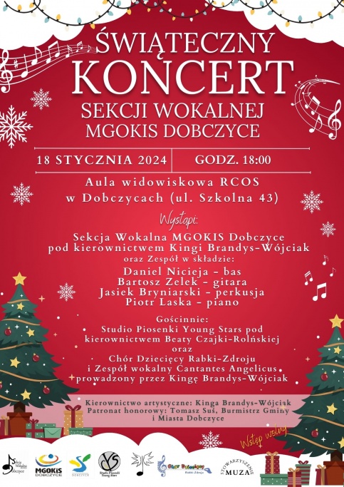 czerwony plakat z zielonymi choinkami po bokach 