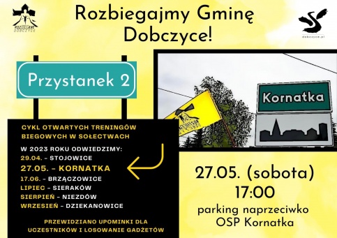 Żółty plakat z cyklem otwartych treningów biegowych w sołectwach