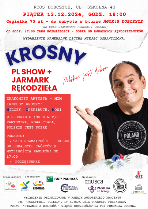 KROSNY POL SHOW W DOBCZYCACH W RAMACH DNIA PRODUKTU POLSKIEGO, ARYSTA IRENEUSZ KROSNY UŚMIECHNIĘTY Z RĘKĄ KU GÓRZE 