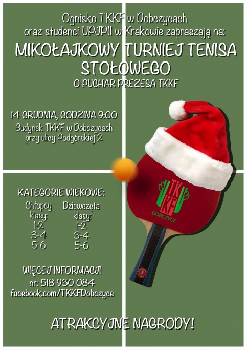 Plakat Mikołajkowego Turnieju Tenisa Stołowego o Puchar Prezesa TKKF 