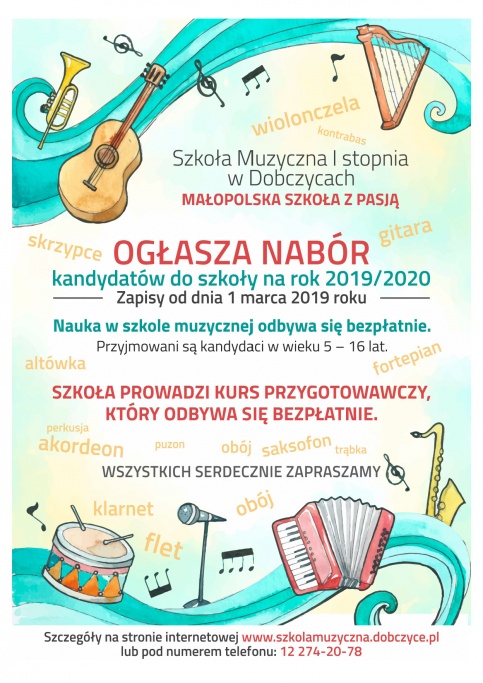 plakat - nabór do Szkoły Muzycznej I st. w Dobczycach