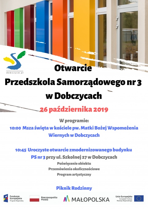 plakat- otwarcie przedszkola samorządowgo nr 3 w Dobczycach